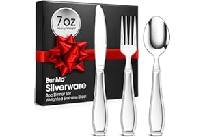 BunMo Weighted Utensils for Tremors and Parkinsons Patients - Heavy Weight Silverware Set of Knife, Fork and Spoon - Parkinsons Gifts for People with Parkinson's - Adaptive Eating Flatware (3 Pieces)
