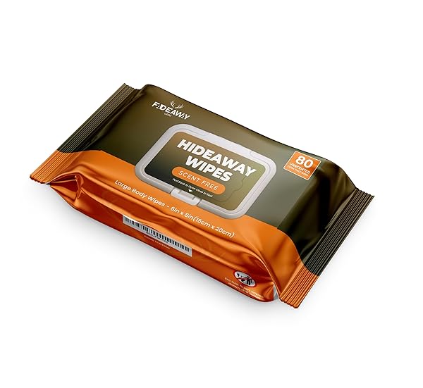 HIDEAWAY WIPES | (80) COUNT BY FADE AWAY CAMO – ELIMINATE YOUR SCENT WITH THESE SCENT FREE BODY WIPES. SPECIFICALLY DESIGNED TO BE USED WHILE HUNTING, CAMPING, OR PERFORMING OUTDOOR ACTIVITIES.