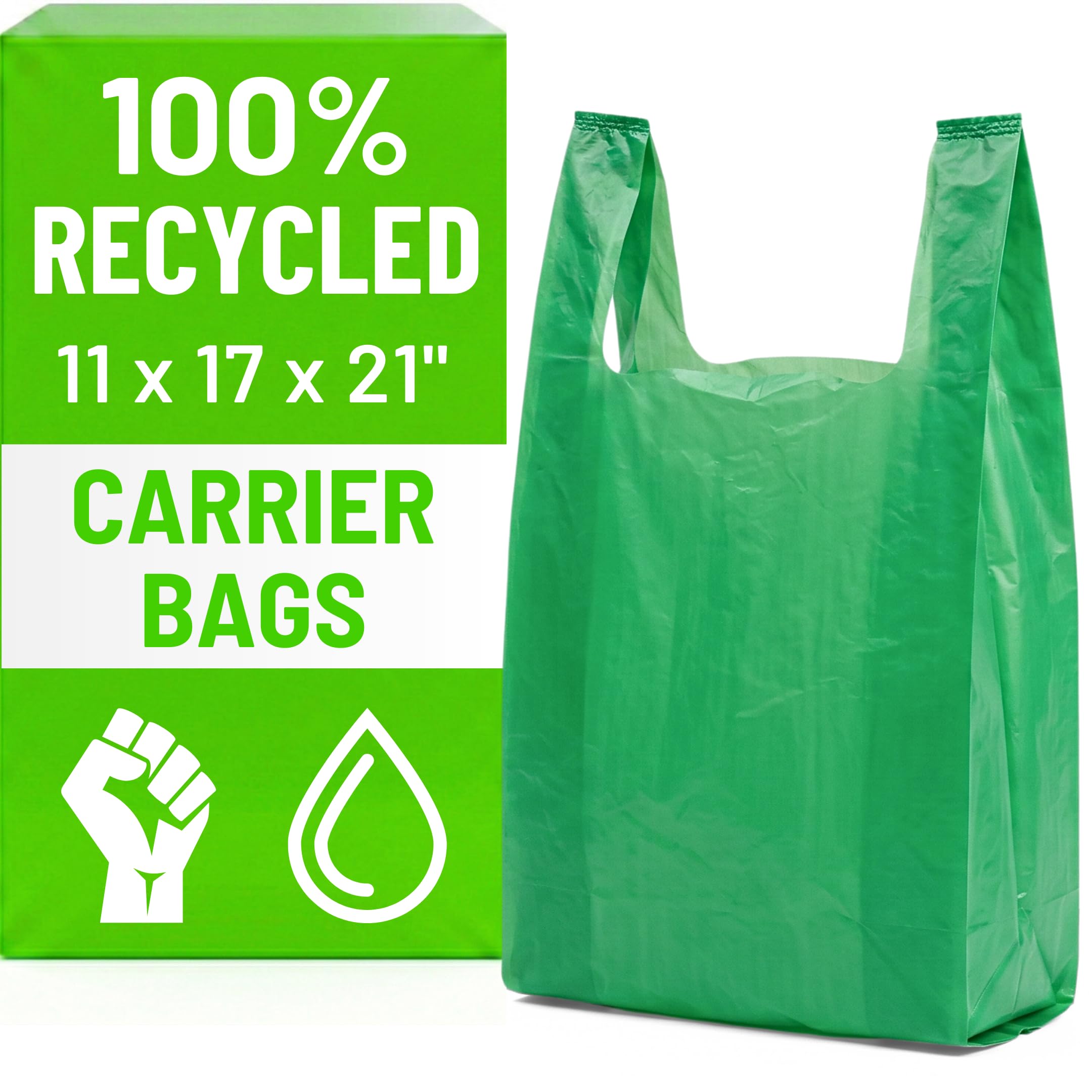 PWgoods 100% Recycled Plastic Carrier Bags - Green, Large 11 x 17 x 21, Heavy Duty 22mu, 100 Pack, Easy Tie Handles, Takeaway Shopping Retail Grocery Bin Bag