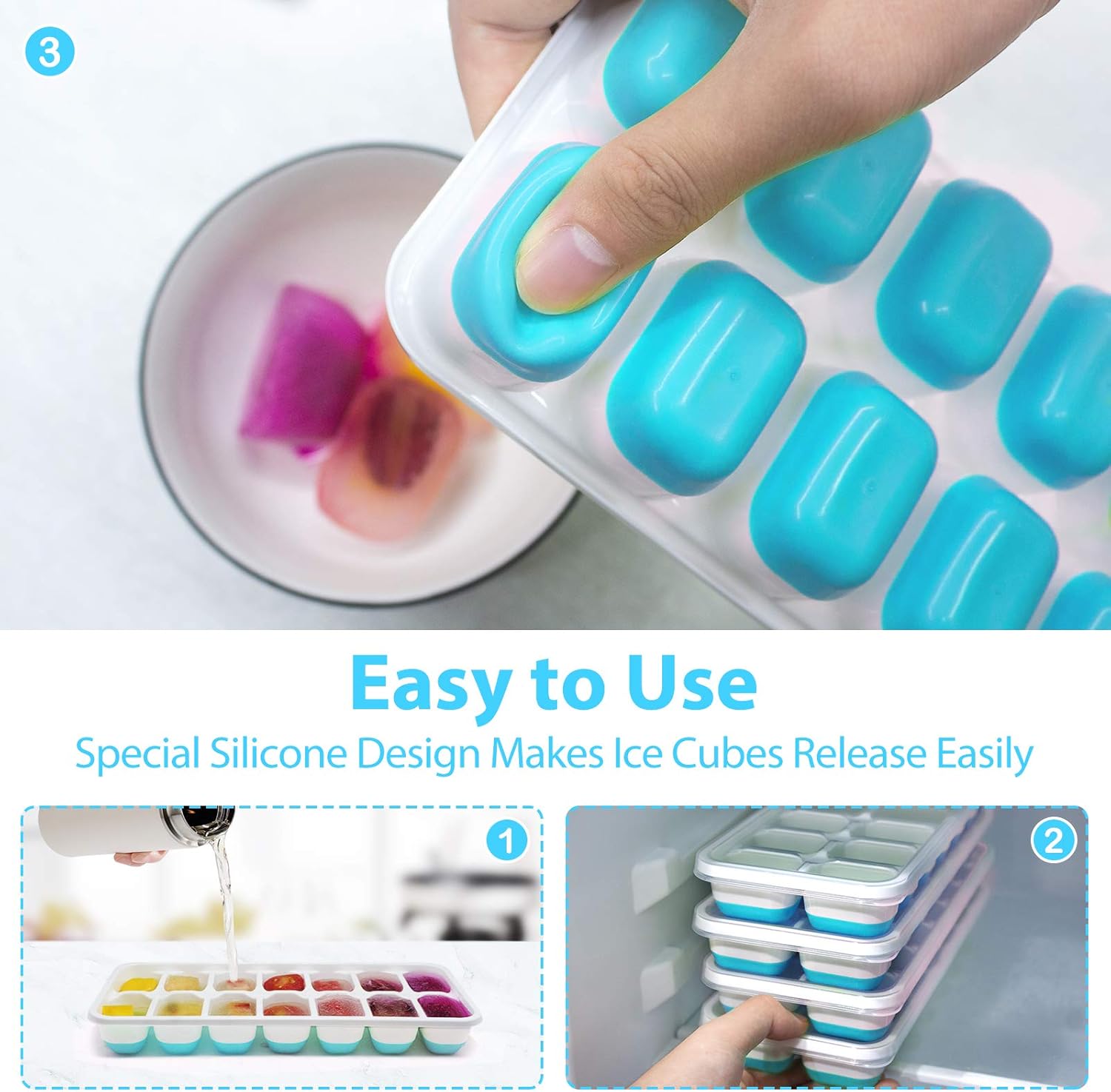 DOQAUS Ice Cube Trays 4 Pack, Easy-Release Silicone and Flexible 14-Ice Cube Trays with Spill-Resistant Removable Lid, LFGB Certified and BPA Free, for Cocktail, Beer, Stackable Flexible Ice Trays: Kitchen & Dining