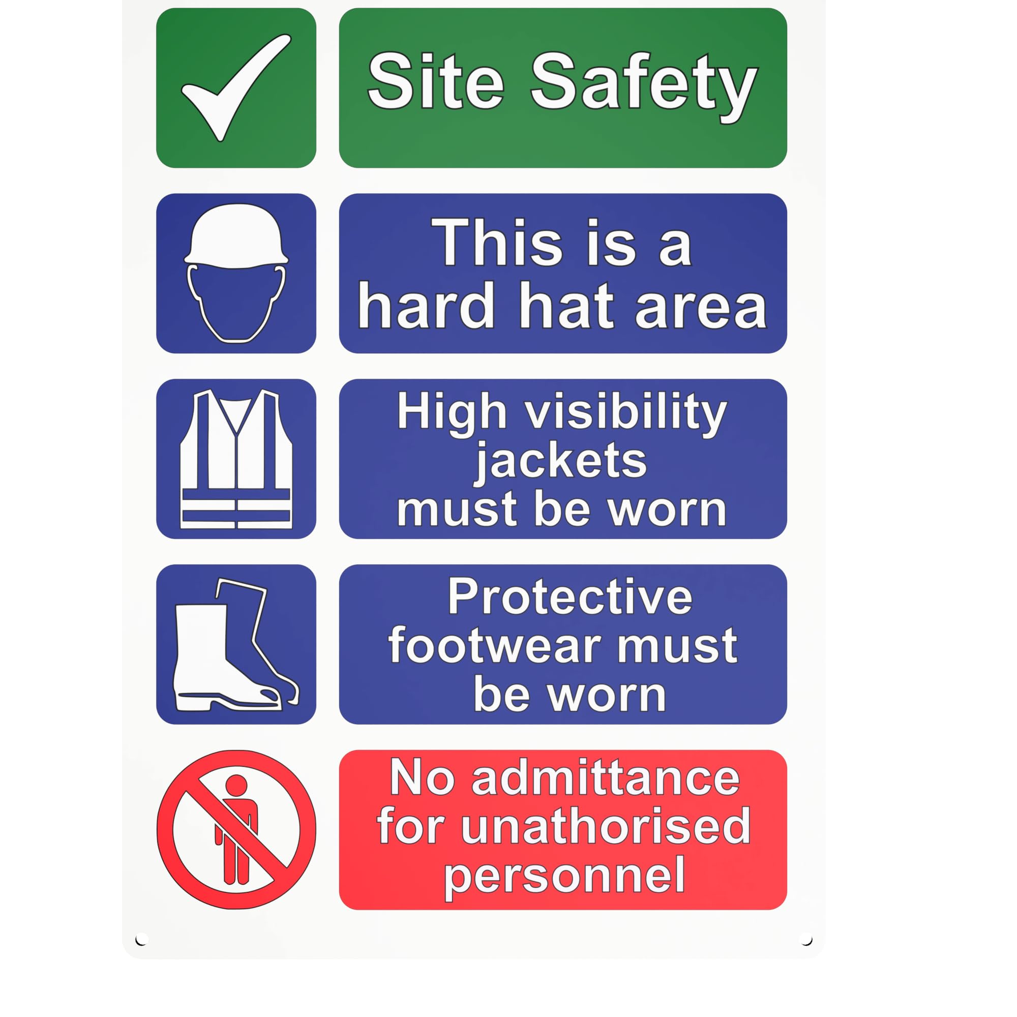 Durable A4 Aluminum Composite Site Safety Sign with Fixing Holes - Hard Hat Area, High Visibility Jackets, Protective Footwear, No Unauthorized Admittance