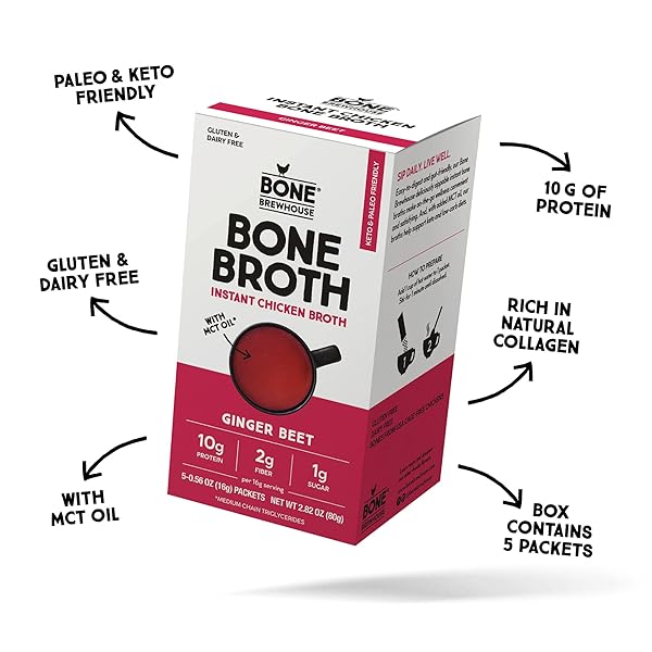 BONE BREWHOUSE – CHICKEN BONE BROTH PROTEIN POWDER – GINGER BEET FLAVOR – KETO & PALEO FRIENDLY – INSTANT SOUP BROTH – 10G PROTEIN – NATURAL COLLAGEN, GLUTEN-FREE & DAIRY FREE – 5 INDIVIDUAL PACKETS
