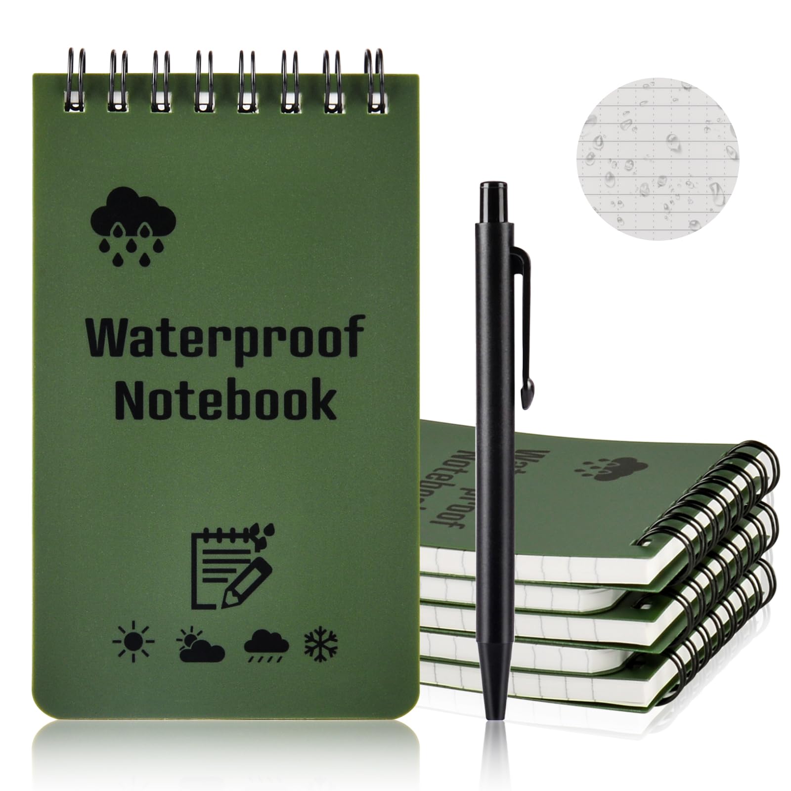 OSDUE Reporter's Spiral Shorthand Notebook,5 Pack with a pen,100 Pages 50 Sheets 12.7 * 7.6cm, 5x 3inch, Top Spiral Bound Waterproof Paper Wirebound Notebook, Green