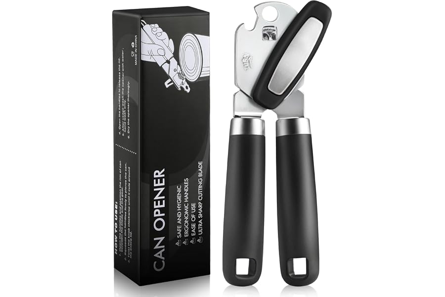 Multifunctional Can Opener Manual, Durable Heavy Duty Handheld Strong Can Opener with Smooth Cutting Edge, Friendly Kitchen Essentials Tool for Seniors, Camping and Bottle Opening-Black