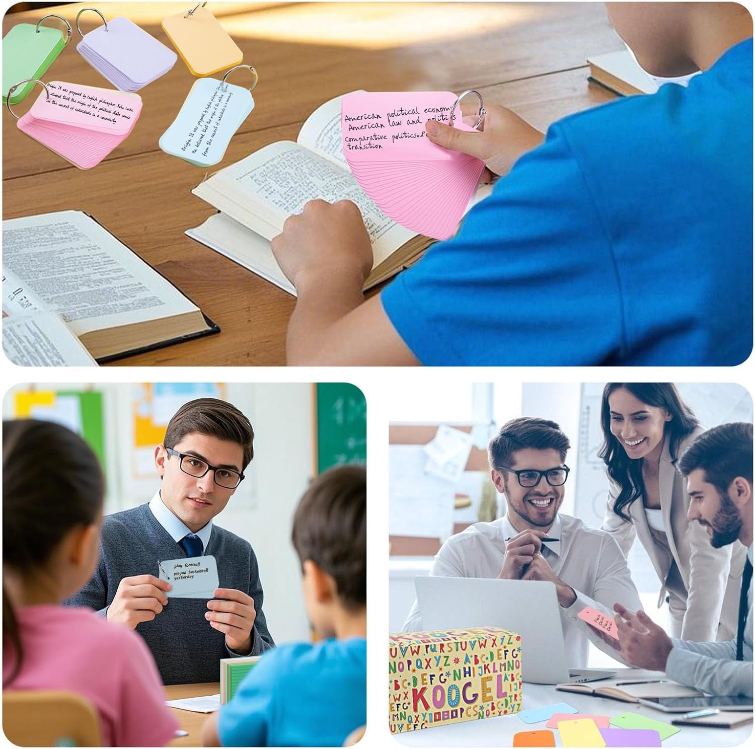 Koogel 1080PCS Index Cards with Rings for School, 2.2 x 3.5 Inch, Colored Flash Cards for Studying, Portable Notecard for Classroom Tests Preparation Teacher Education Office Supplies, 6 Colors