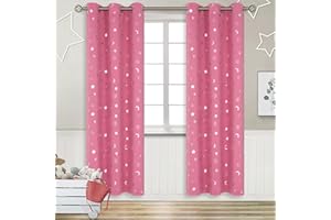 BGment Pink Blackout Curtains for Bedroom, Star Curtains with Moon for Kids Room, Thermal Insulated Room Darkening Drapes with Grommet for Nursery Girl Boy Baby, 2 Panels of 42 x 84 Inch