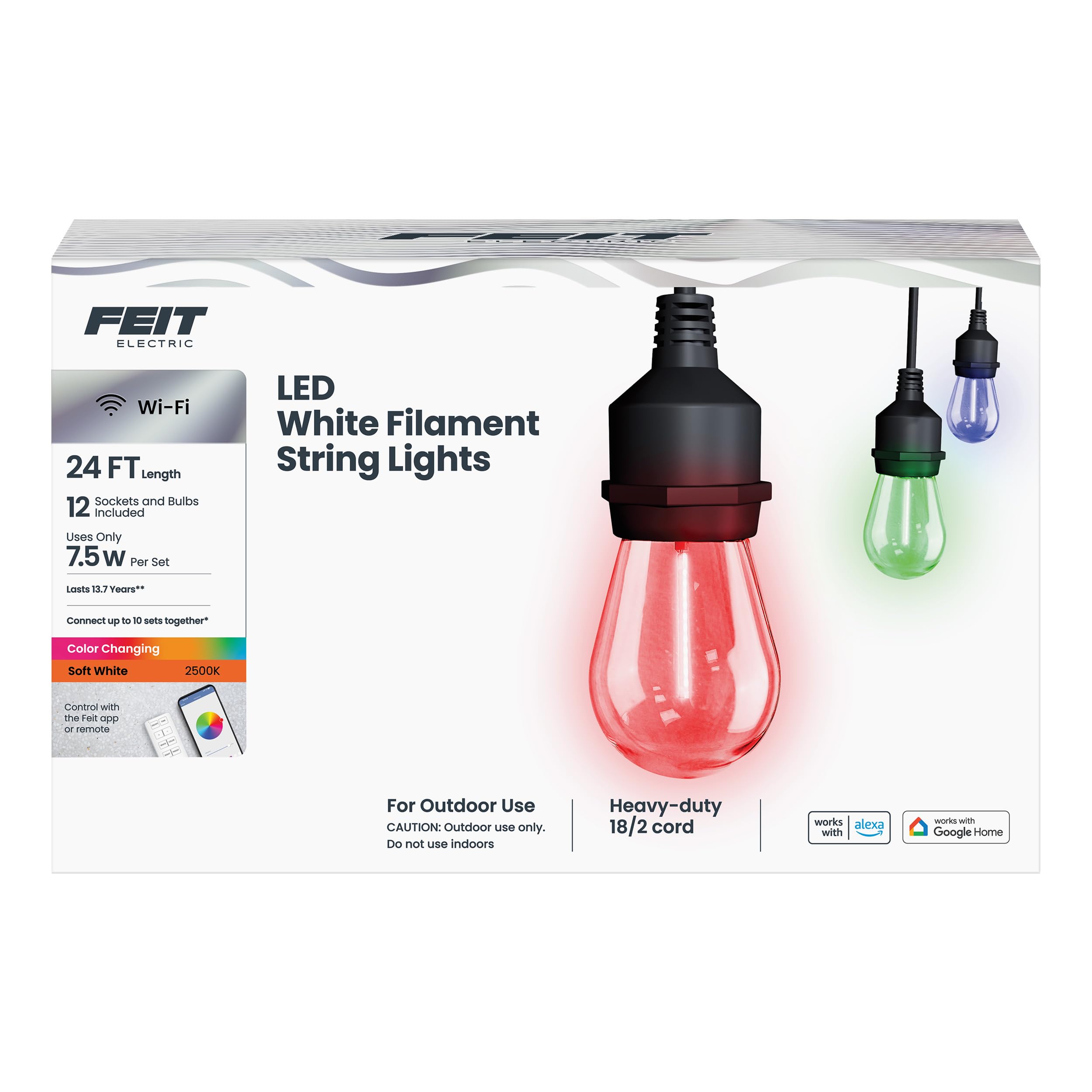 Photo 1 of Feit Electric 24ft Smart Outdoor String Light, White Filament, Color Changing, Alexa/Google Compatible, 2.4Ghz WiFi Enabled, Heavy-Duty 18/2 Cord, Linkable, App/Remote Controlled, SL24-12/RGBW/WFIL/AG