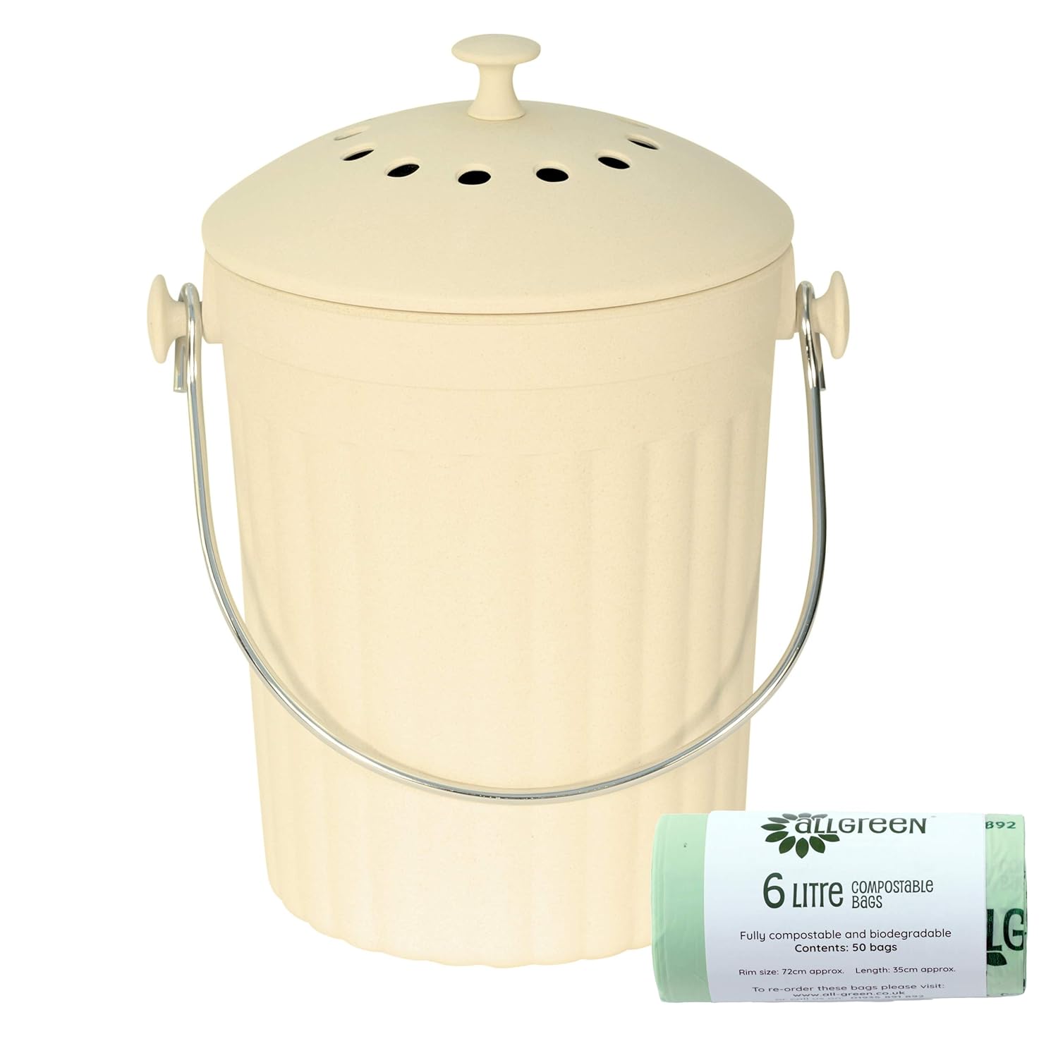 Cream Eco Compost Caddy & 50x 6L AllGreen Biobags Composting Bin for