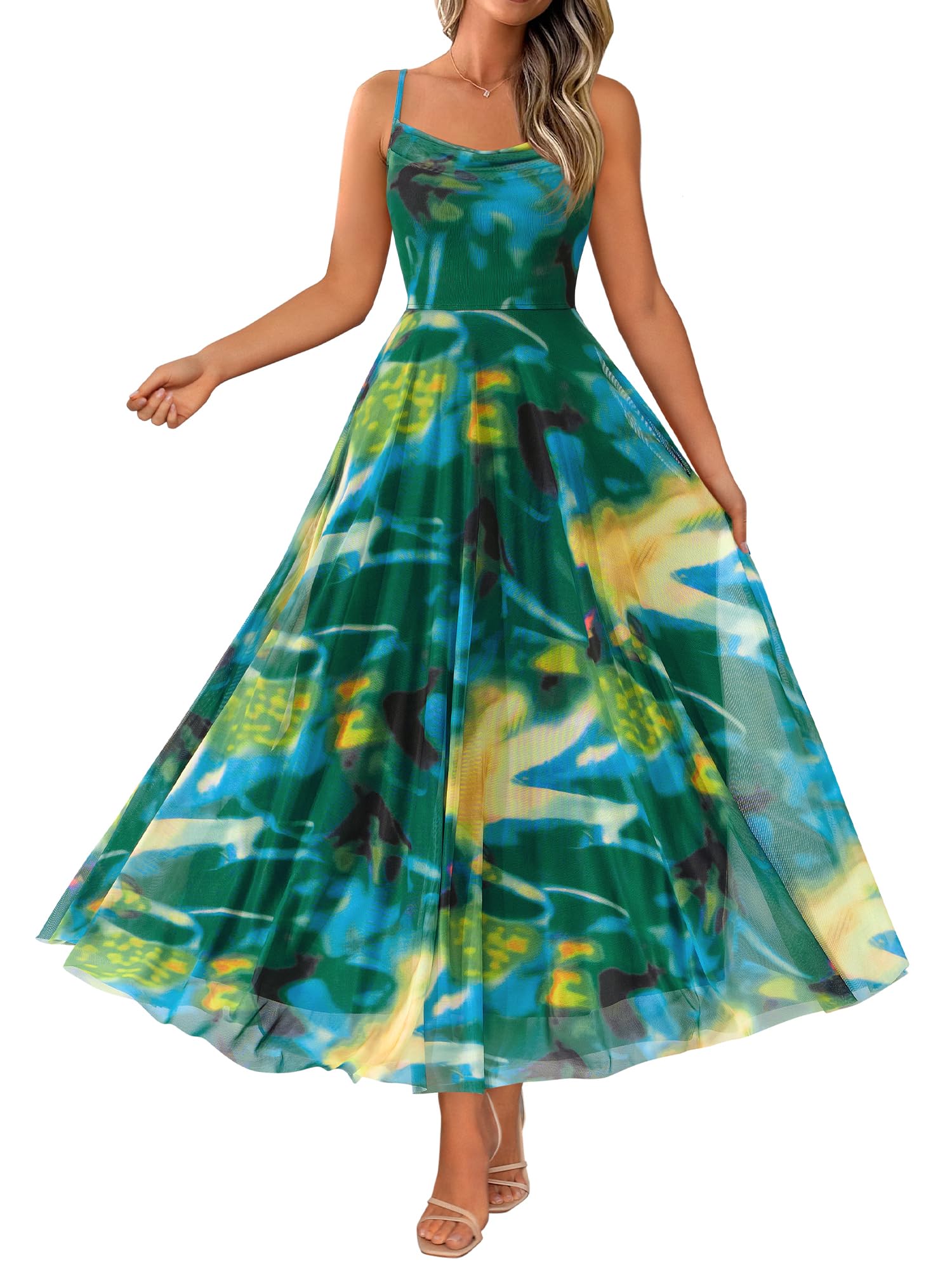 BTFBM Women Summer Floral Maxi Dresses Elegant Spaghetti Strap Dress Printed Party Dress Beach Long Dresses(Green Big Floral,XX-Large) Image