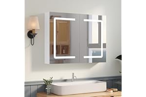 MELLCOM 24 x 30 inch LED Medicine Mirror Cabinet with Sockets & USBs, Wall Mounted Bathroom Cabinet with Mirror & Storage & A