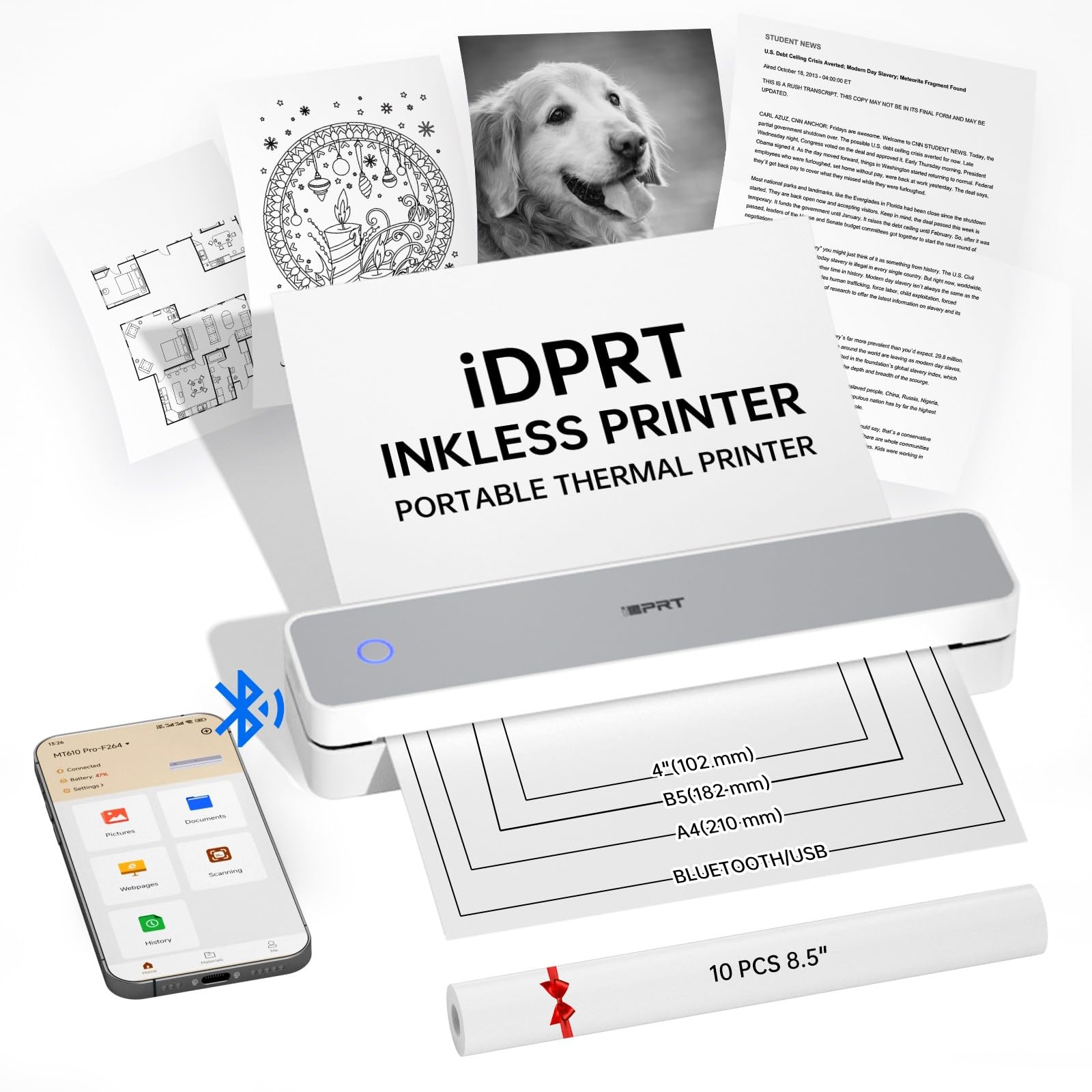 Photo 1 of iDPRT Portable Thermal Printers Small Compact Inkless Wireless Printer for Home, Office & Vehicles, 300DPI, Support 8.5" x 11" Length US Letter A4&A5 Size, for Smartphone, PC, Black White Printing