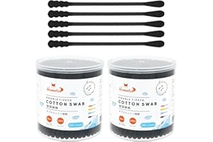 HOMEFOX Black Cotton Swabs Spiral - 400 Count Organic Cotton Buds Double Side Tightly Wrapped Charcoal Cotton Tips Paper Stick Soft Gentle Cruelty-Free Lint-Free Goth Bathroom, Round & Spiral (Black)