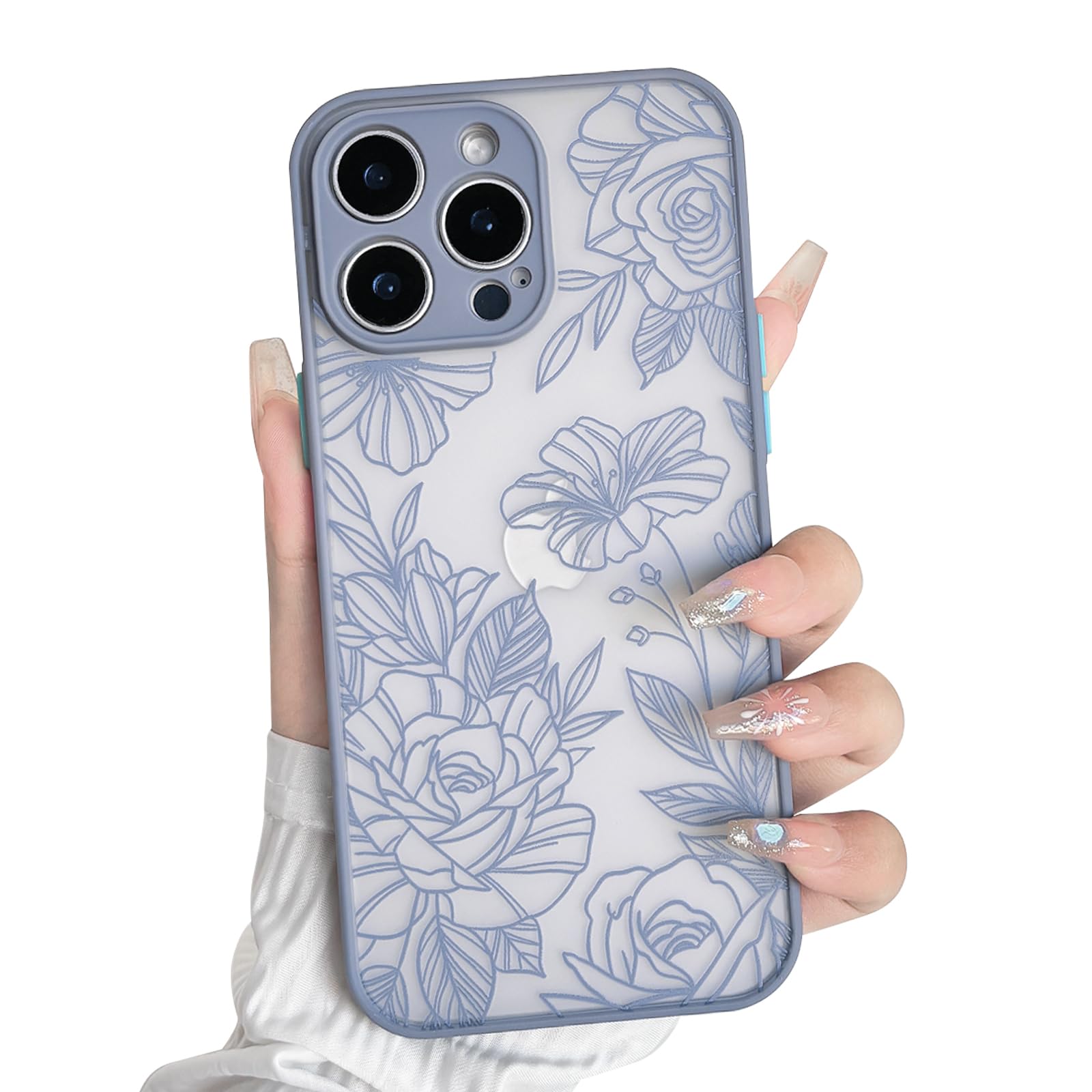 NITITOP Compatible with iPhone 13 Pro Case Cute Aesthetic Floral Flower Vintage Rose Pattern Matte Clear Women Girl Full Camera Lens Slim Hard PC Shockproof Pritective Cover - Blue
