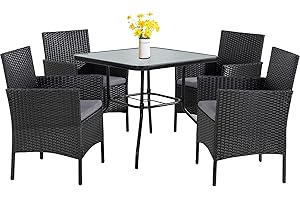 Walsunny 5 Piece Patio Dining Set, Wicker Outdoor Furniture Patio Dining Table and Chair Set, Square Tempered Glass Top Table with Umbrella Hole for Patio Backyard Porch Poolside