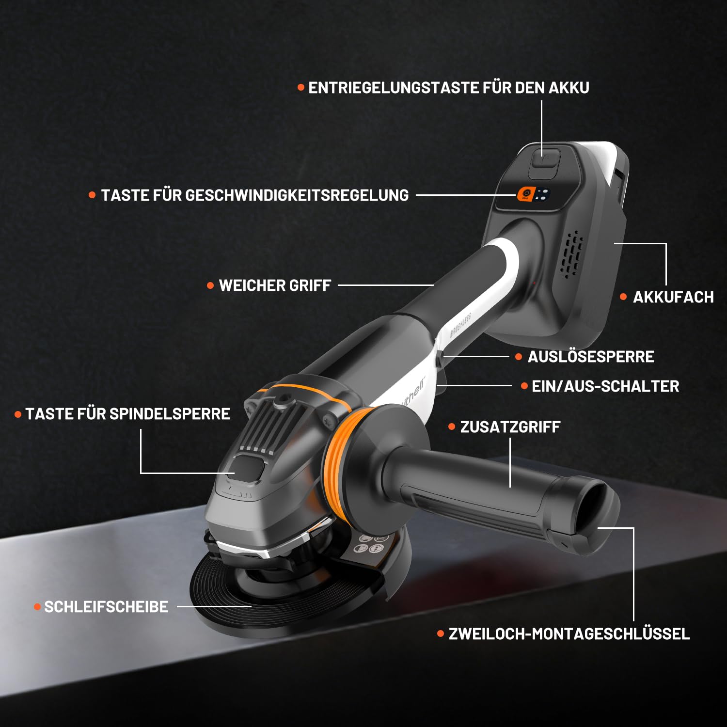 Litheli 20V Akku Winkelschleifer 125mm, 8500 U/min mit 4.0Ah Akku & bürstenlosem Motor, Drehzahlregelung zum Schneiden, Schleifen, Polieren, Entrosten, Kabellos für Metall, Stein, Holz 7
