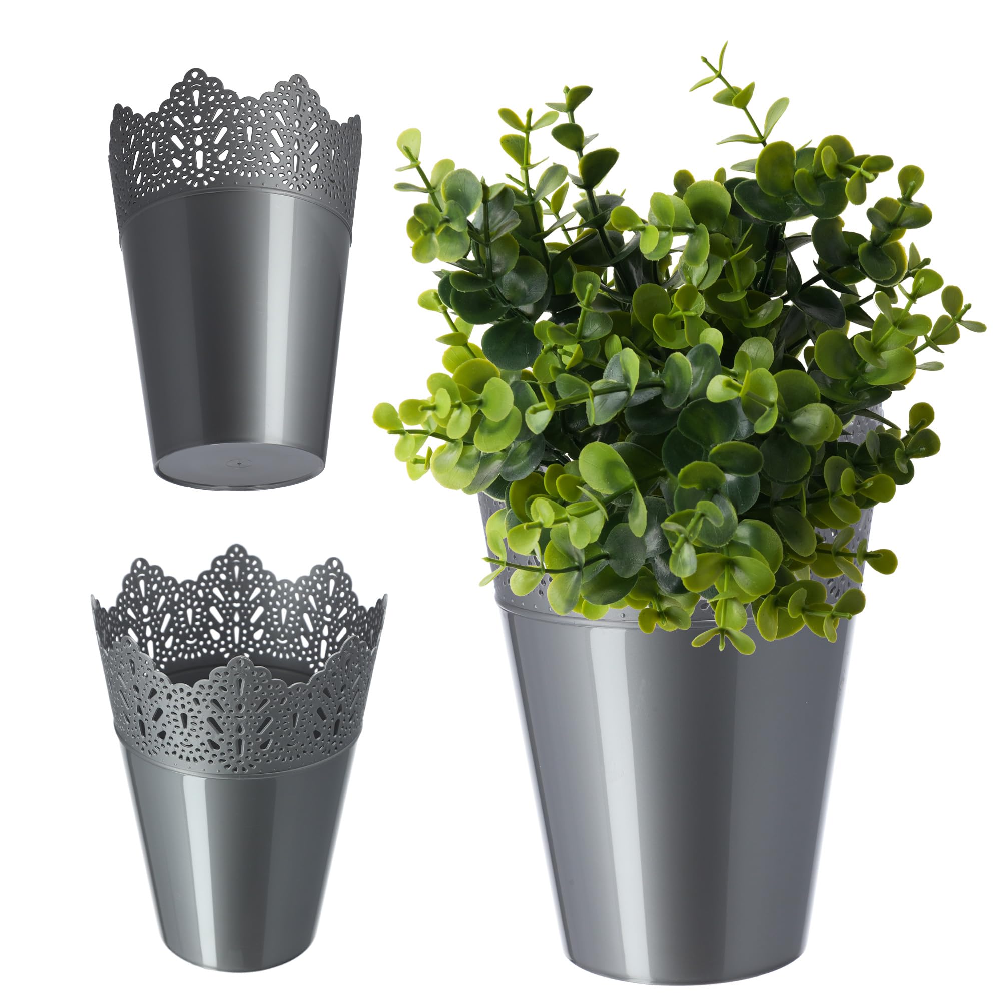 KADAX Lace Flower Pot Made of Plastic, 9 Colours, Flower Pot with Lace Motif, Flower Pot Protector for Office, Pot, Garden Bowl, Flower Pot, Planter (Diameter 14.5 cm, High, Silver)