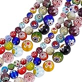 HOBBIESAY 150Pcs Flower Glass Round Beads Colorful Floral Loose Beads Flowers Glazed Bead Millefiori Lampwork Glass Bead for Women DIY Bracelet Necklace Jewelry Making Hole: 1mm