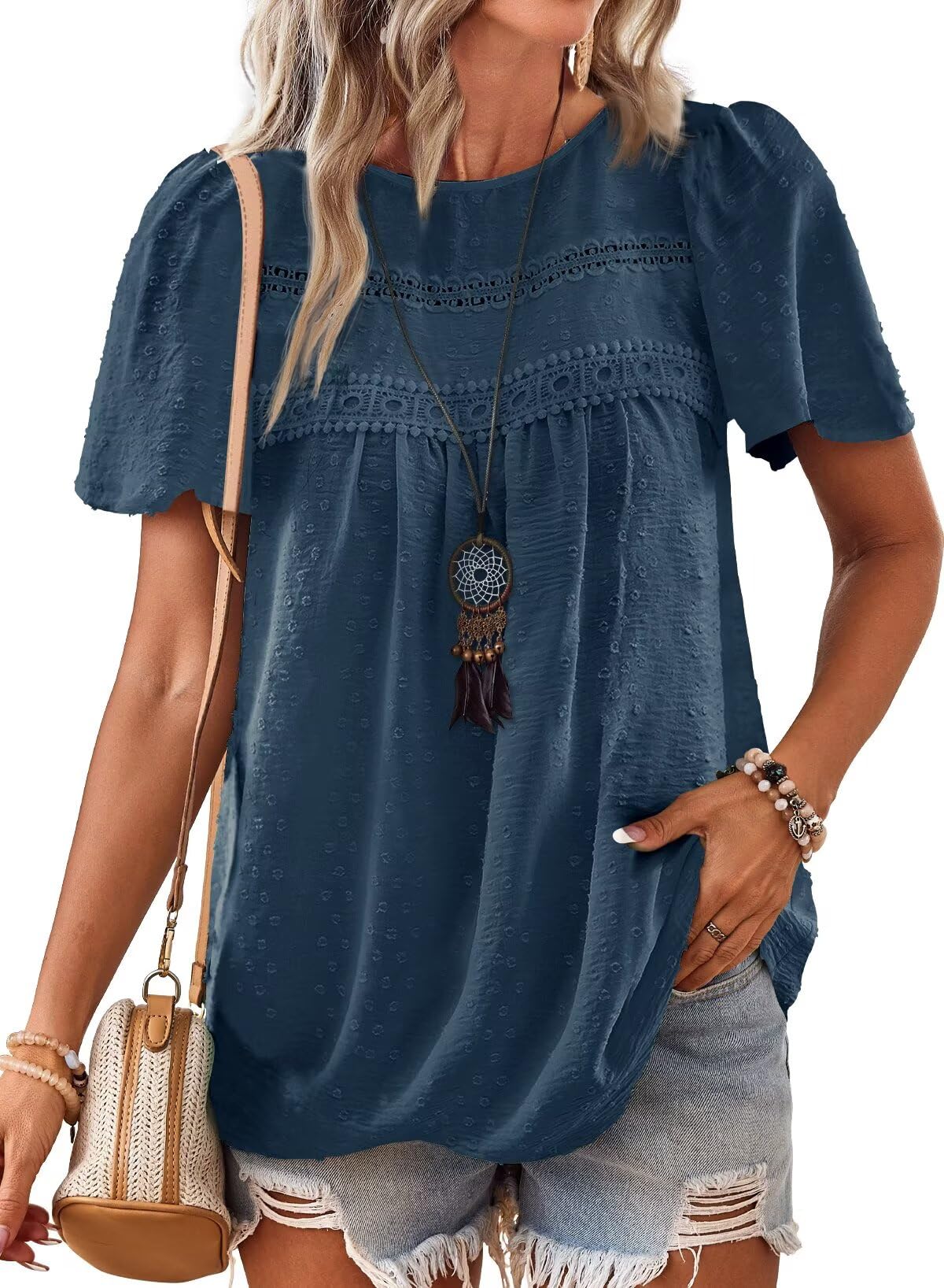 Falechay Summer Tops for Women Short Sleeve Swiss Dots Pom Pom Chiffon Babydoll Work Blouse Flowy Boho Round Neck Lace Lake Blue XS Image