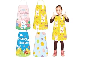 CAMDUCK 4 Pcs Easter Aprons for Kids, Cute Bunny Apron for Children, Adjustable Waterproof Kids Painting Aprons, Colourful Eggs Birds Toddler Apron for Happy Easter Party School Activities