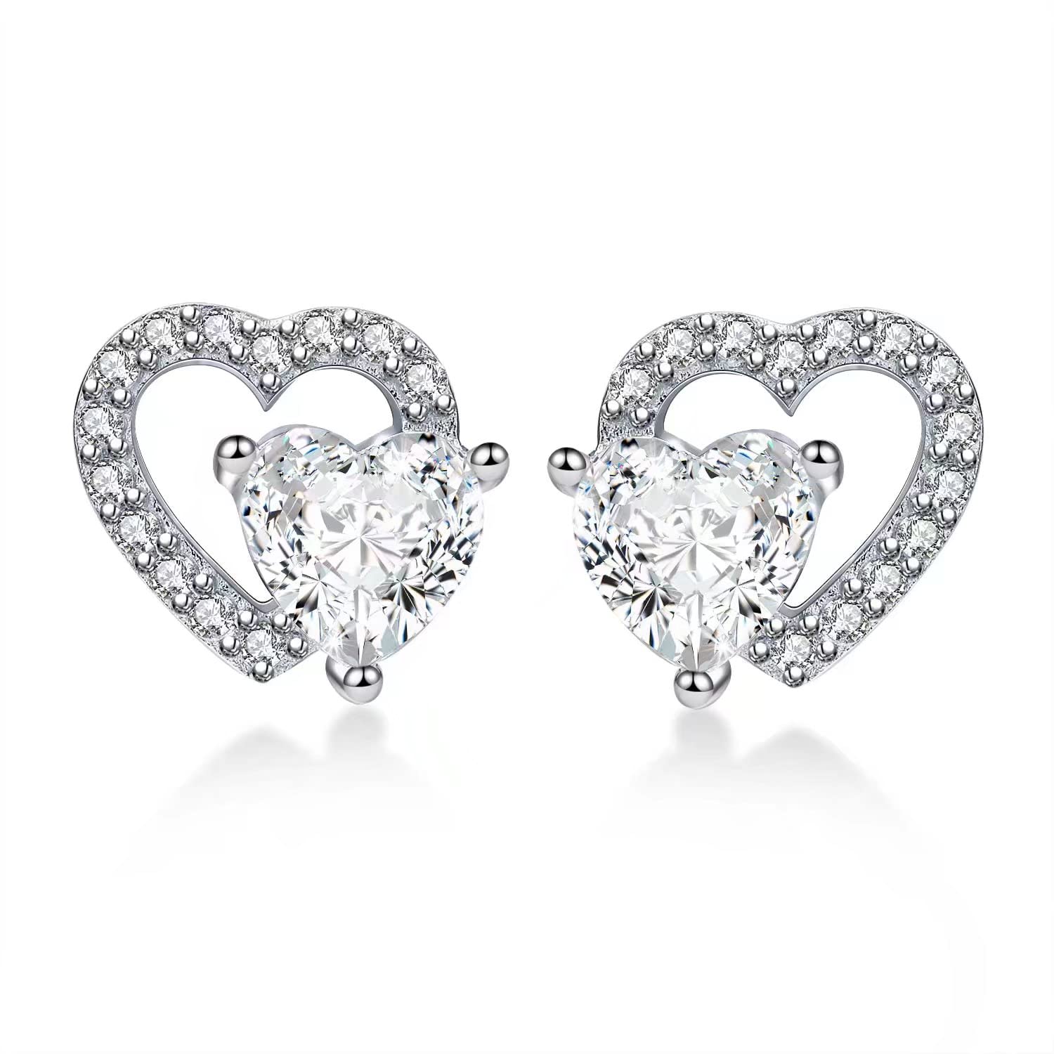 Qings April Diamond Birthstone Stud Earrings Sparkling Moissanite Cubic Zirconia 925 Sterling Silver Platinum Plated Hollow Double Heart Present for Mother Mom