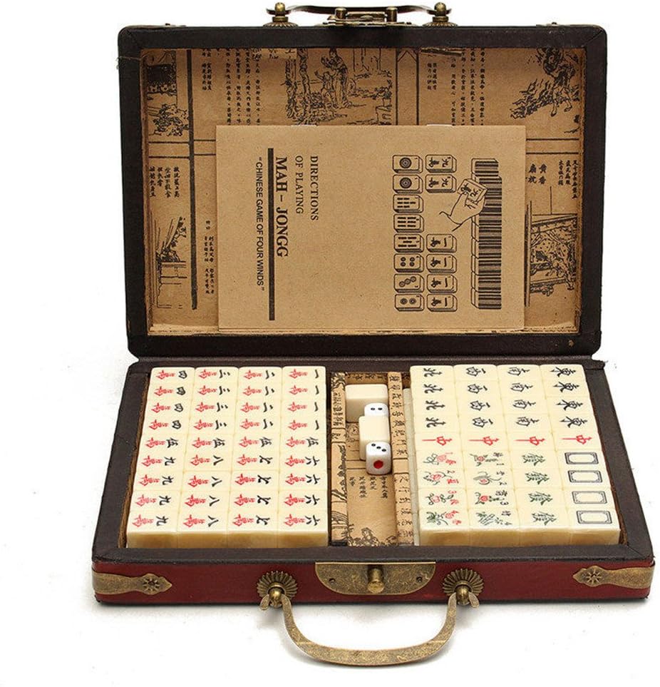 Jannyshop 144 Tiles Chinese Mahjong Set Portable with Deluxe Retro Style Leather Box for Home Party