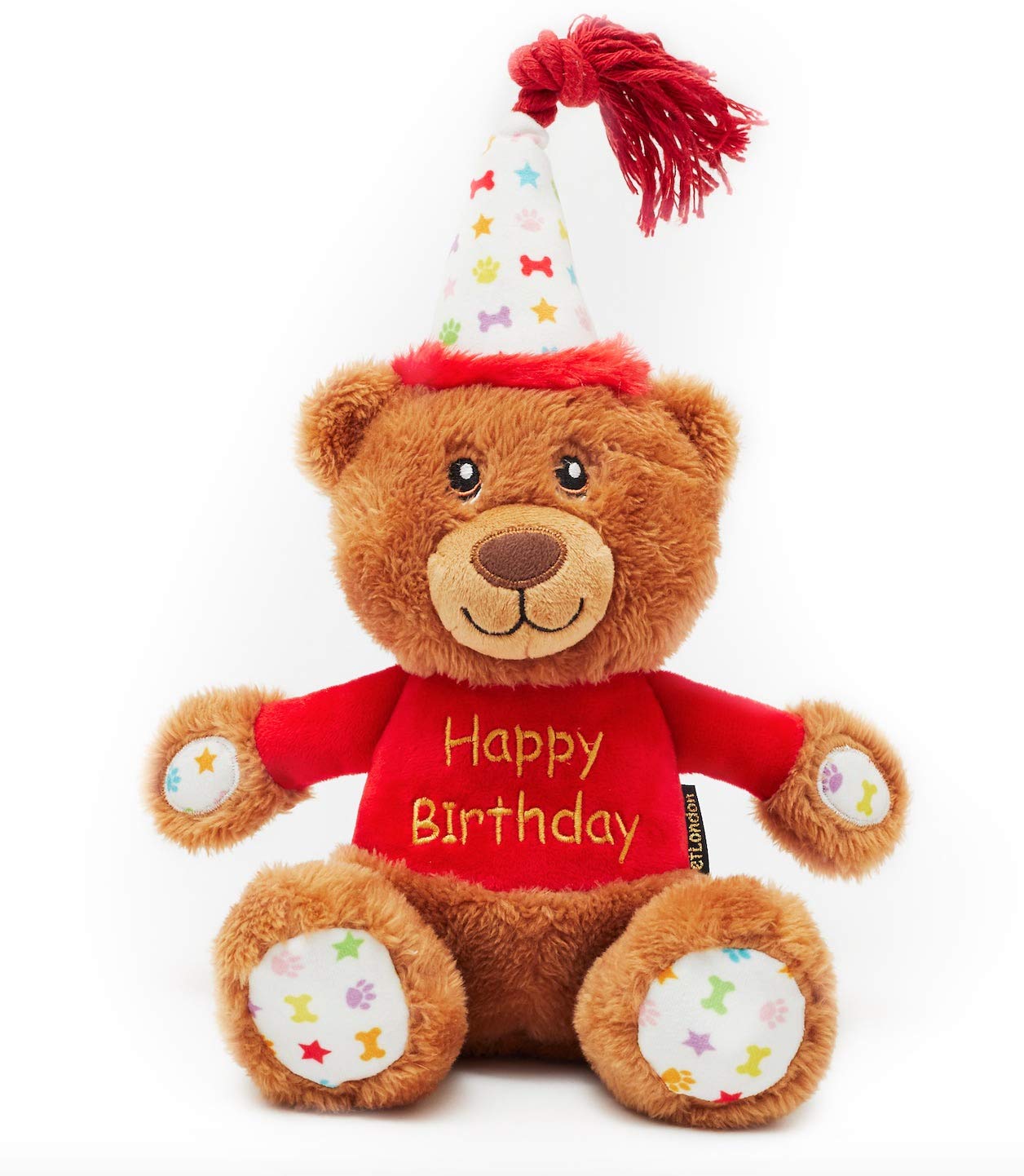 Pet London Happy Birthday Bear Dog Toy - Present to Celebrate Dog's Bday or Adoption - Soft Plush Teddy Gift for Dog or Pup with Embroidered Birthday Message, Squeaky, Stylish Great Animal Gift