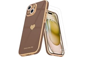 Teageo for iPhone 15 Case with Screen Protector [2 Pack] for Girl Women Cute Girly Love-Heart Luxury Gold Soft Cover Camera Protection Silicone Shockproof Phone Case for iPhone 15 Case, Desert Gold