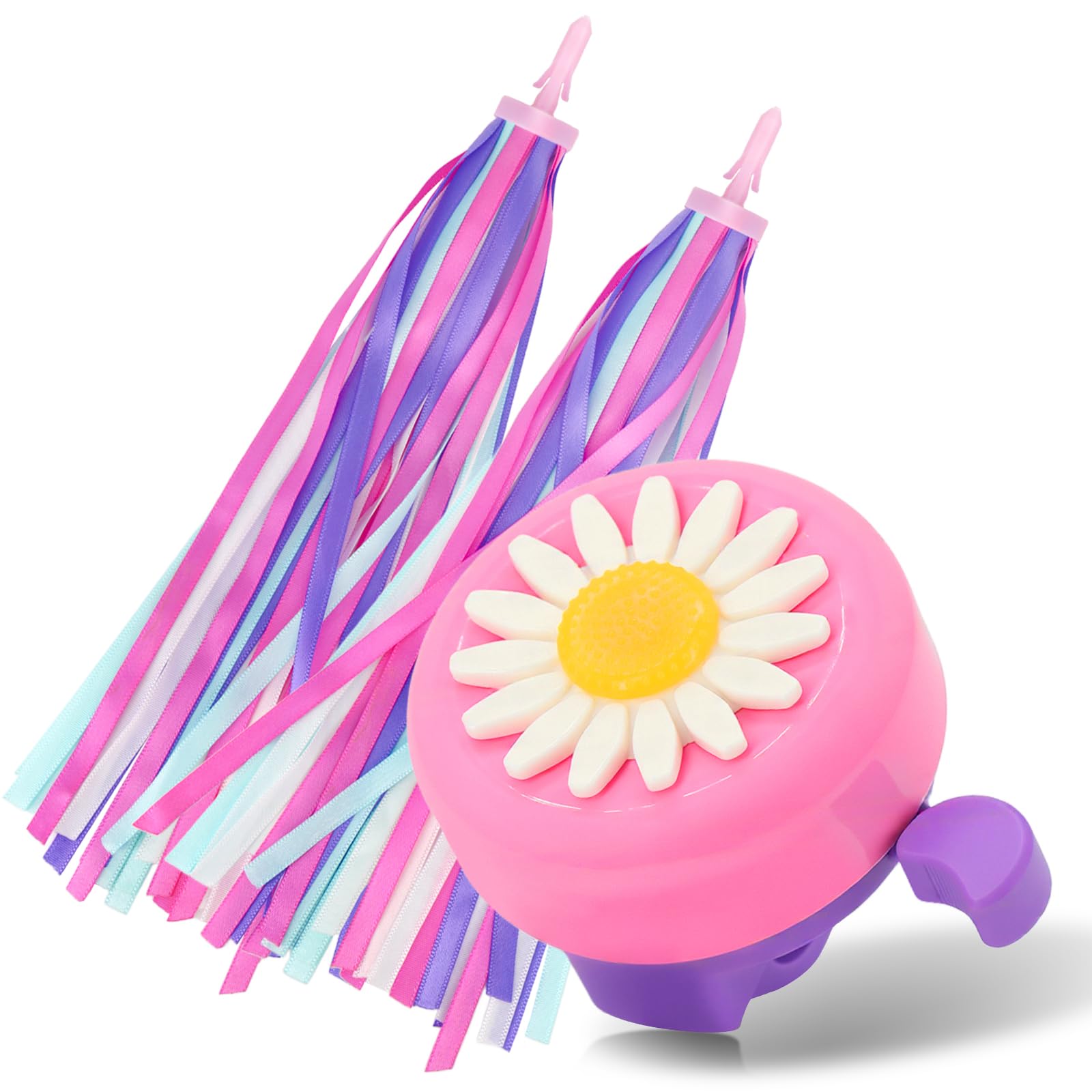 PLATT Bike Bell for Kids, Bike Horn for Boys and Girls Bike with 1 Pair Bike Streamer Tassels，Pink+Purple