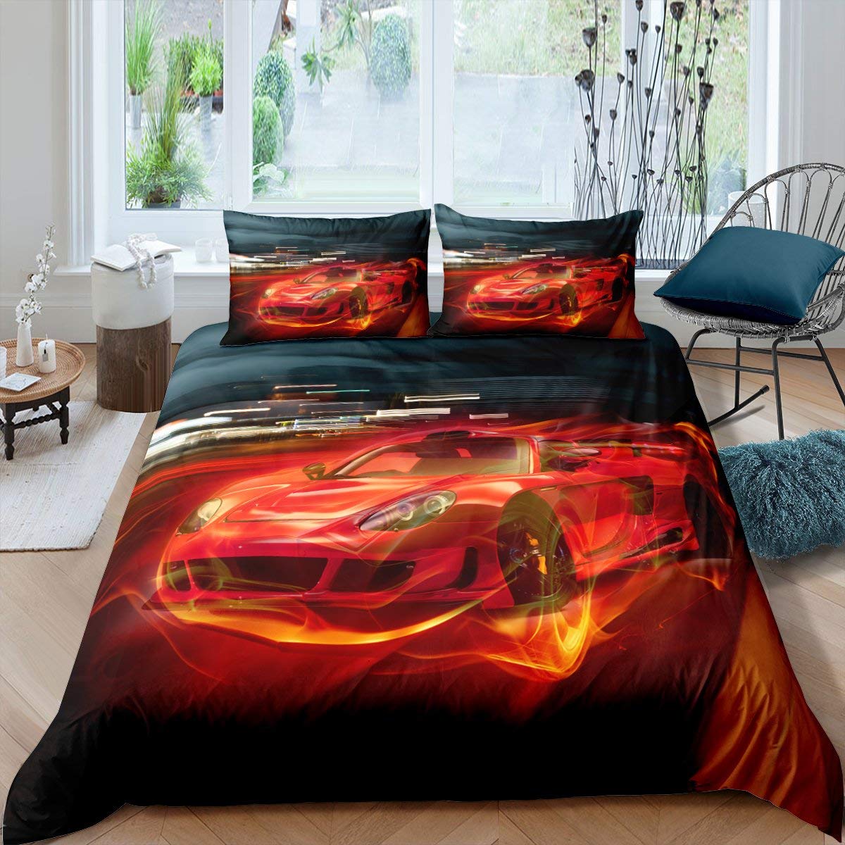 Loussiesd Race Car Duvet Cover Sets Super King Boy's Sport Bedding Set with Zipper for Kids Teens 3 Pieces Soft Microfiber Skin-Friendly Decor Comforter Cover 3D Red Speed Sports Car Quilt Cover Cool