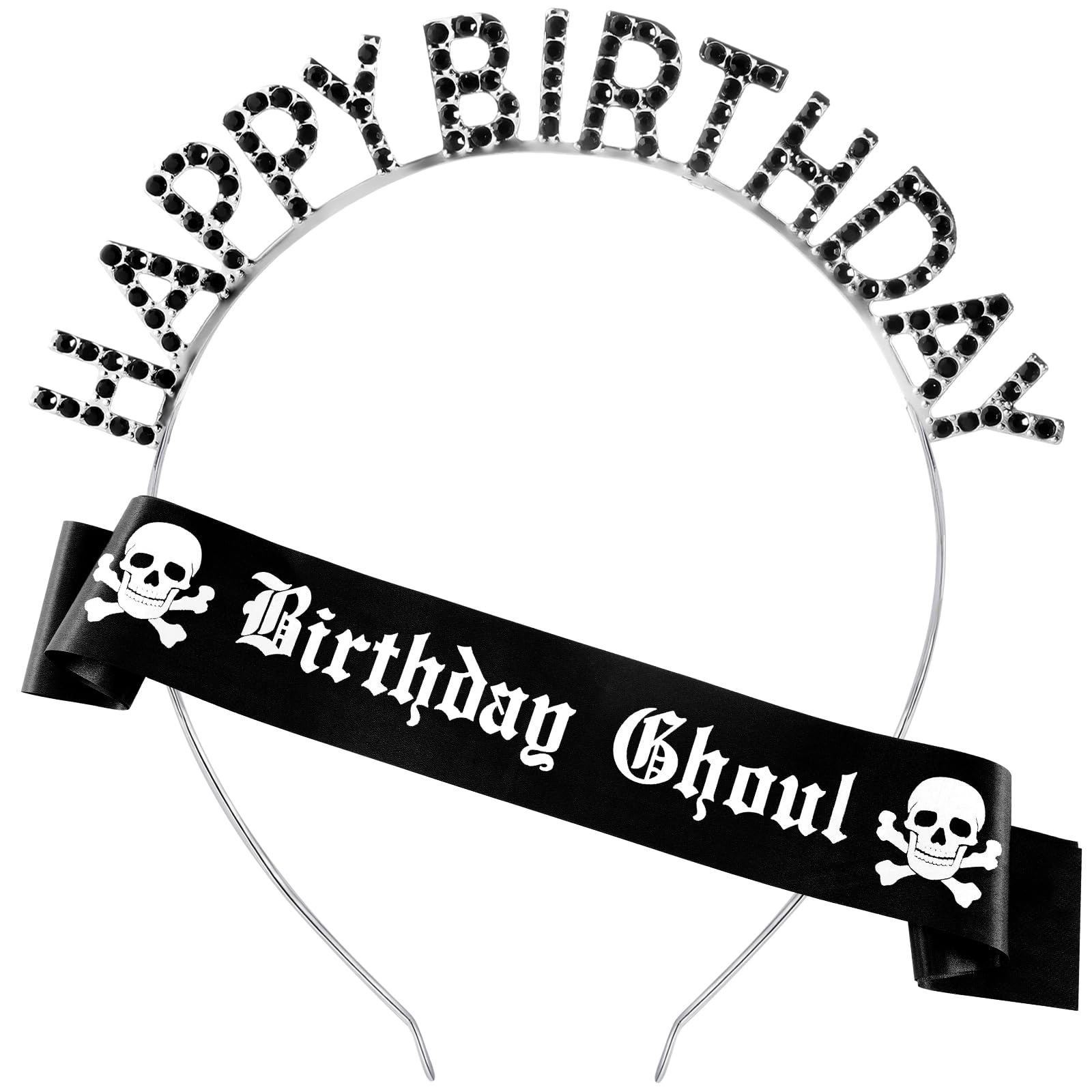 View 1 of Zeyune 2 Pcs Goth Birthday Decorations Black Gothic Birthday Ghoul Sash with Headband for Girl Women Gothic Spooky Gifts Emo Horror Vampire Party Decorations(Silver,Skull)