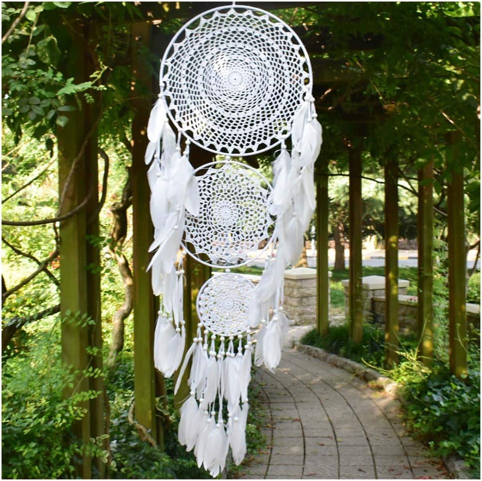 Aglife Extra Large White Boho Dream Catcher with White Feather Hanging Wedding Decoration Ornament Gift with 3 Circles, Dia 13.8 Inches