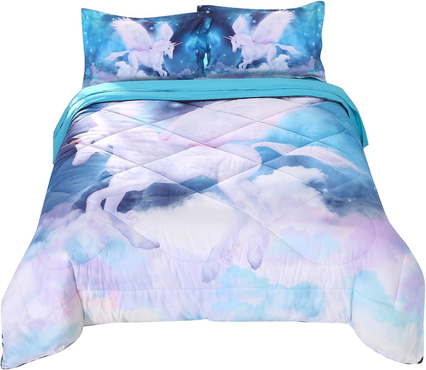 Wowelife Unicorn Comforter Set Twin 5 Piece Girl Bedding Set Unicorn Green Bedspreads with Comforter, Flat Sheet, Fitted Sheet and 2 Pillow Cases for Teens(Green Unicorn, Twin)