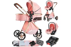 Doraystar 3 in 1 Baby Stroller Travel System Combo Set, Reversible Newborn Stroller Pram with One-Click Folding, Convertible Infant Toddler Carriage with Aluminum Frame (UDV9-PINK with Base)
