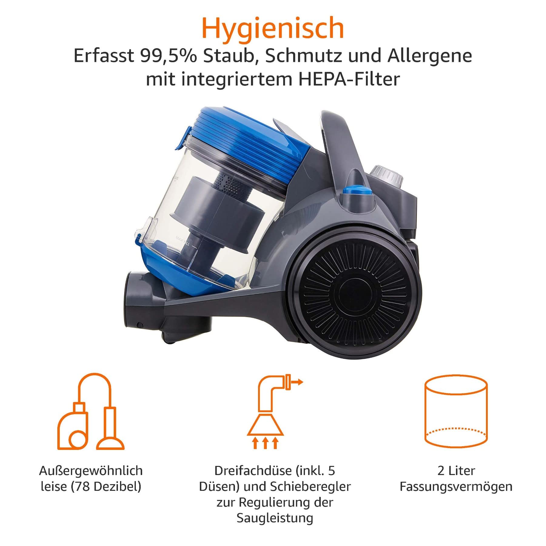 Amazon Basics Zylinder-Staubsauger, leistungsstark, kompakt und leicht, ohne Beutel, für Hart- und Teppichböden, HEPA-Filter, 700 W, 2.0 L, EU, Schwarz/Blau 3