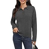 AMZANGEL Women's Merino Wool Sweater 100% Wool Polo Cropped Collar Button up Ribbed Long Sleeve Pullover Jumper