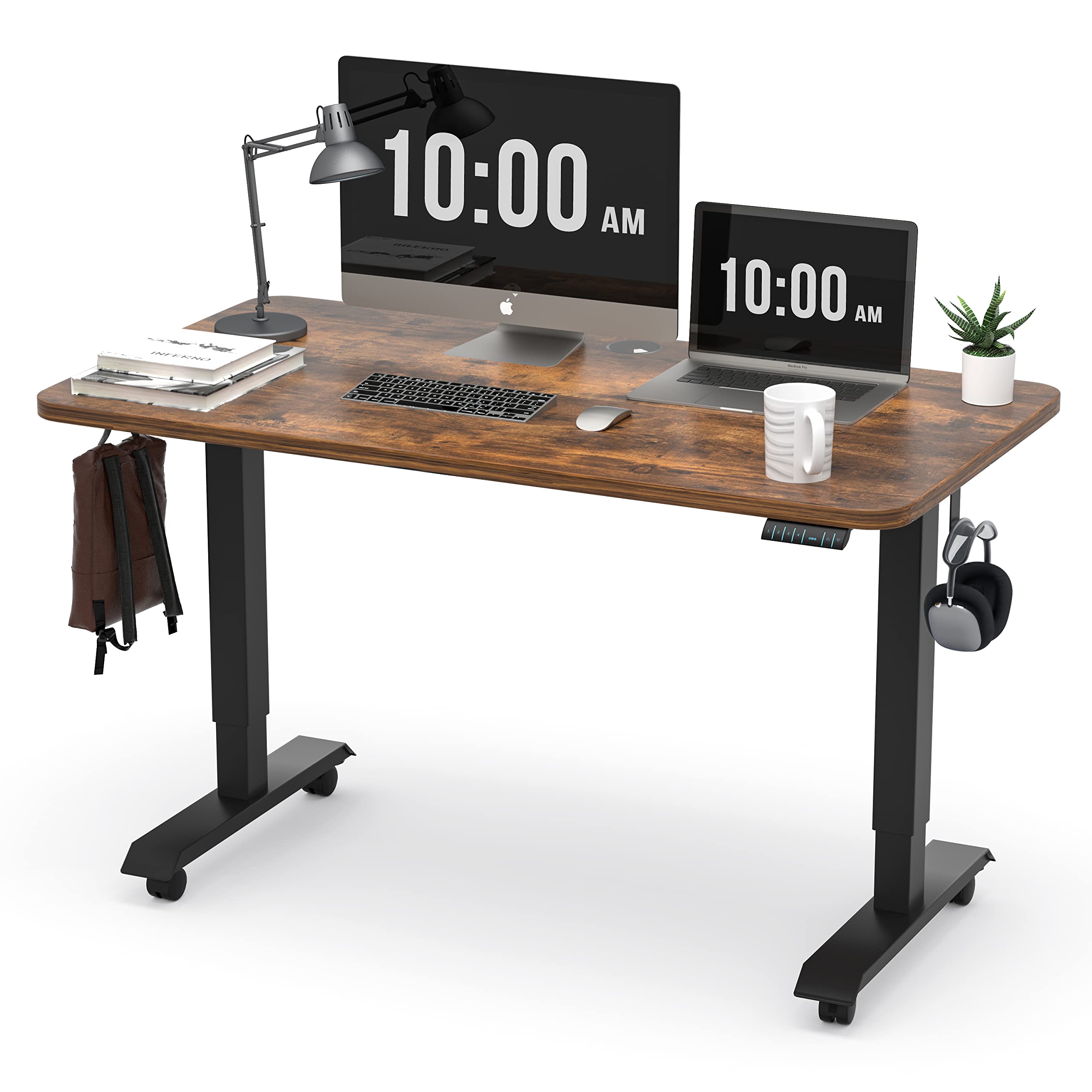 Photo 1 of ***FACTORY SEALED*** 
Monomi Electric Height Adjustable Standing Desk, 48x24 Inches, Ergonomic Home Office Sit/Stand Up Desk with Two-Piece Desktop (Black Steel Frame/Rustic Brown Top)
