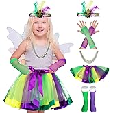 7 Pack Mardi Gras Costume for Kids - Outfit Accessories Set With Tutu Skirt, Beads, Feather Headband, Fishnet Gloves, Long Stockings - Girls Birthday Party Fancy Dress