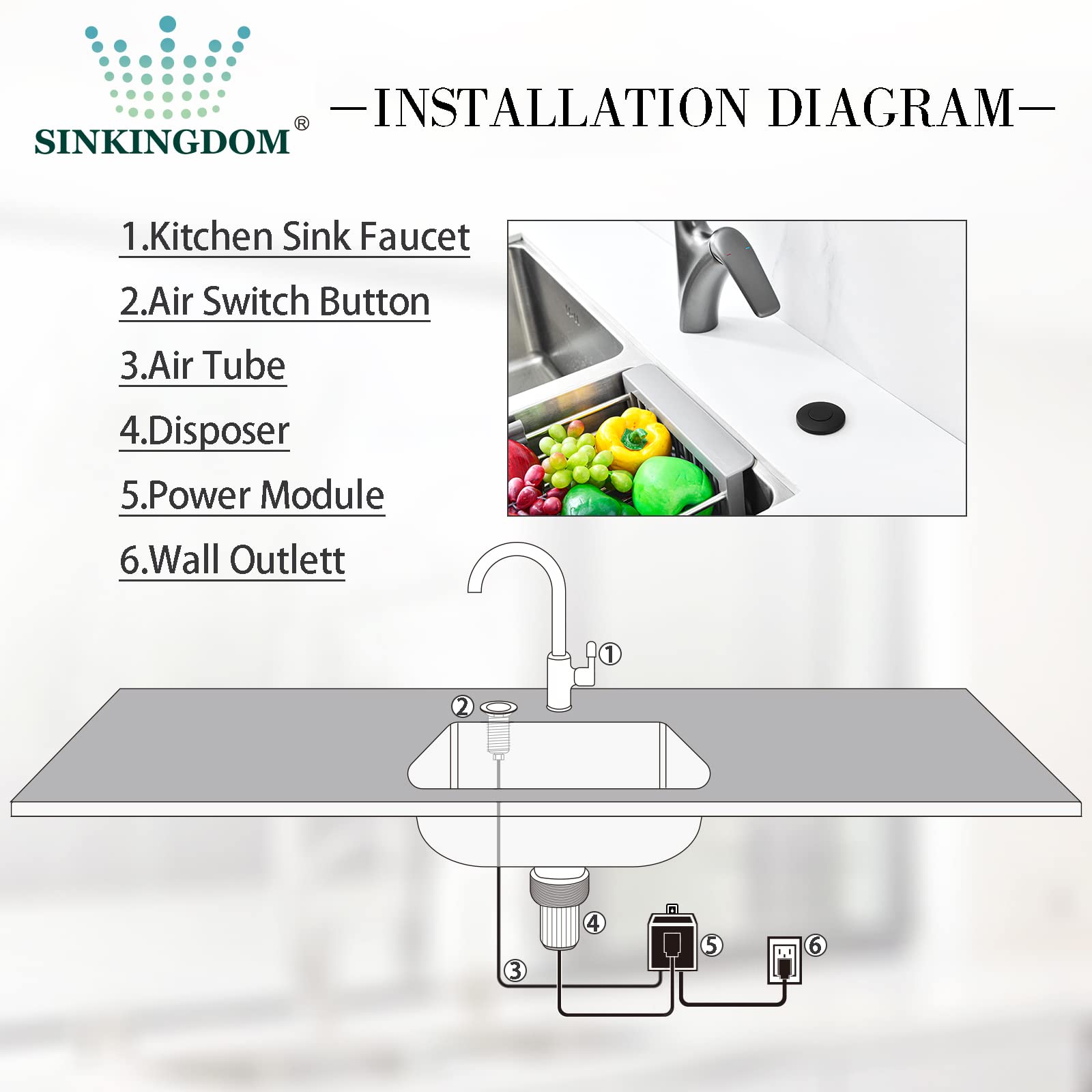 Garbage Disposal SinkTop Air Switch Kit with Long Button,Brass Made Cover,UL,Matte Black