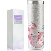 Onebttl Axolotl Gifts for Girls/Women, Axolotl Stuff, Axolotl Water Bottle, Insulated 20 oz Stainless Steel Skinny Tumbler with Straw, Brush, Lid, and Gifts Box, Glitter Silver