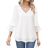 Bebonnie Womens Dressy Casual Tops Ruffle 3/4 Sleeve V Neck Floral Chiffon Blouses