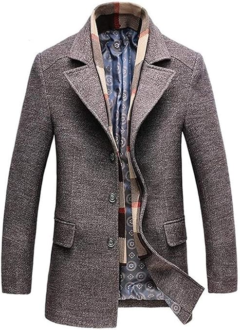 Men Wool Blend Thick Overcoat Single Breasted Pea Coat Detachable Scarf at Amazon Menâs Clothing 