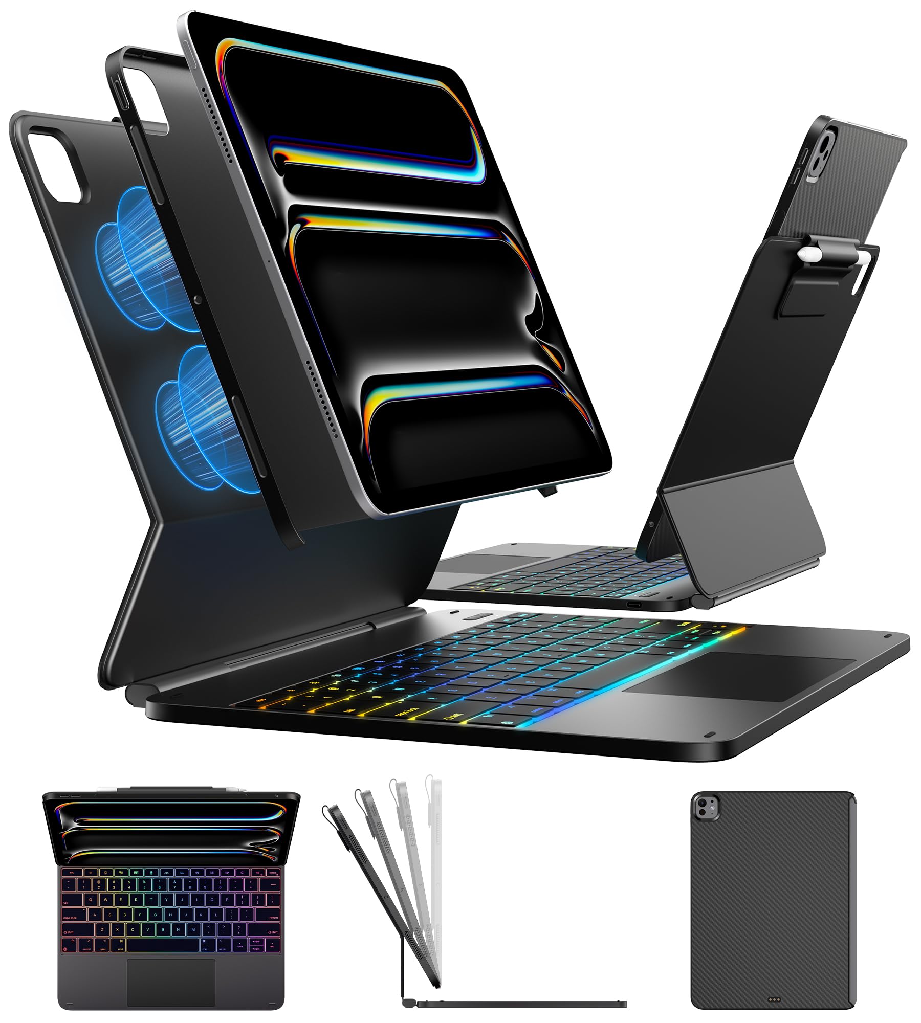 Photo 1 of typecase Edge+ Keyboard Case for iPad Pro 13-inch (M5/M4, 2025/2024), Black Keyboard with 11-Color Backlight, Multi-Mode, Removable Carbon Fiber Back Case, Magnetic Floating Stand, Larger Trackpad