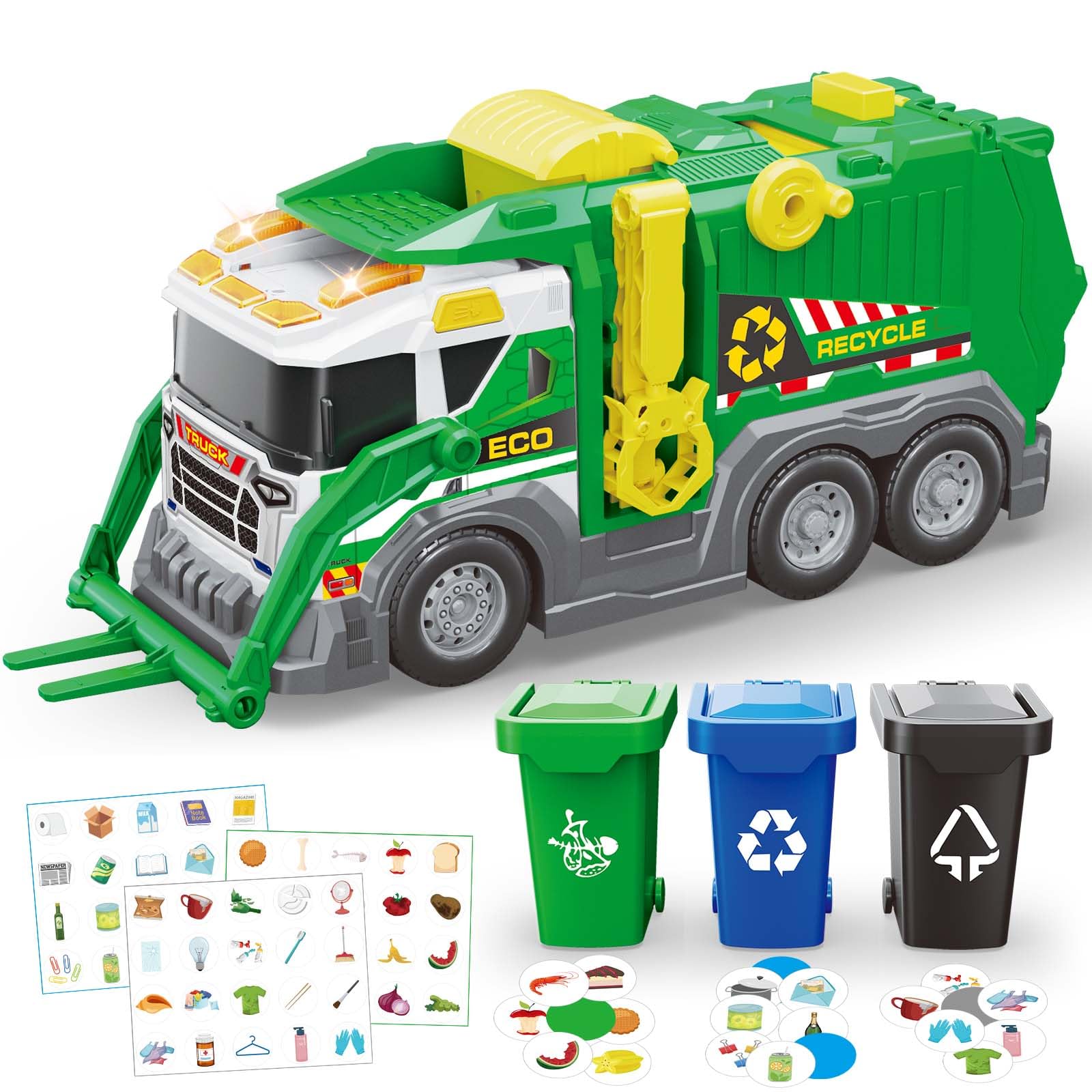 Photo 1 of AuroTops Garbage Truck Toys for Kids 3 4 5 6 7 8 Years Old Boys Toy Trucks Set with Sound and Light,Toddlers Birthday Gifts for Boys & Girls Learning Toys,Includes 3 Trash Bins with Trash Cards