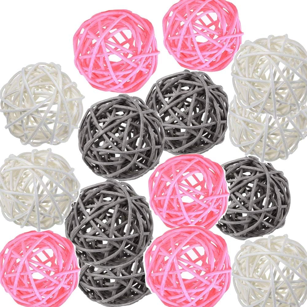 Vase Fillers - Decorative Wicker Rattan Balls 15pcs-Ins Style Color Decor for Vase Filler Wedding Birthday Party Table Decoration, Artcraft and Kindergarten Decor-White Pink Grey