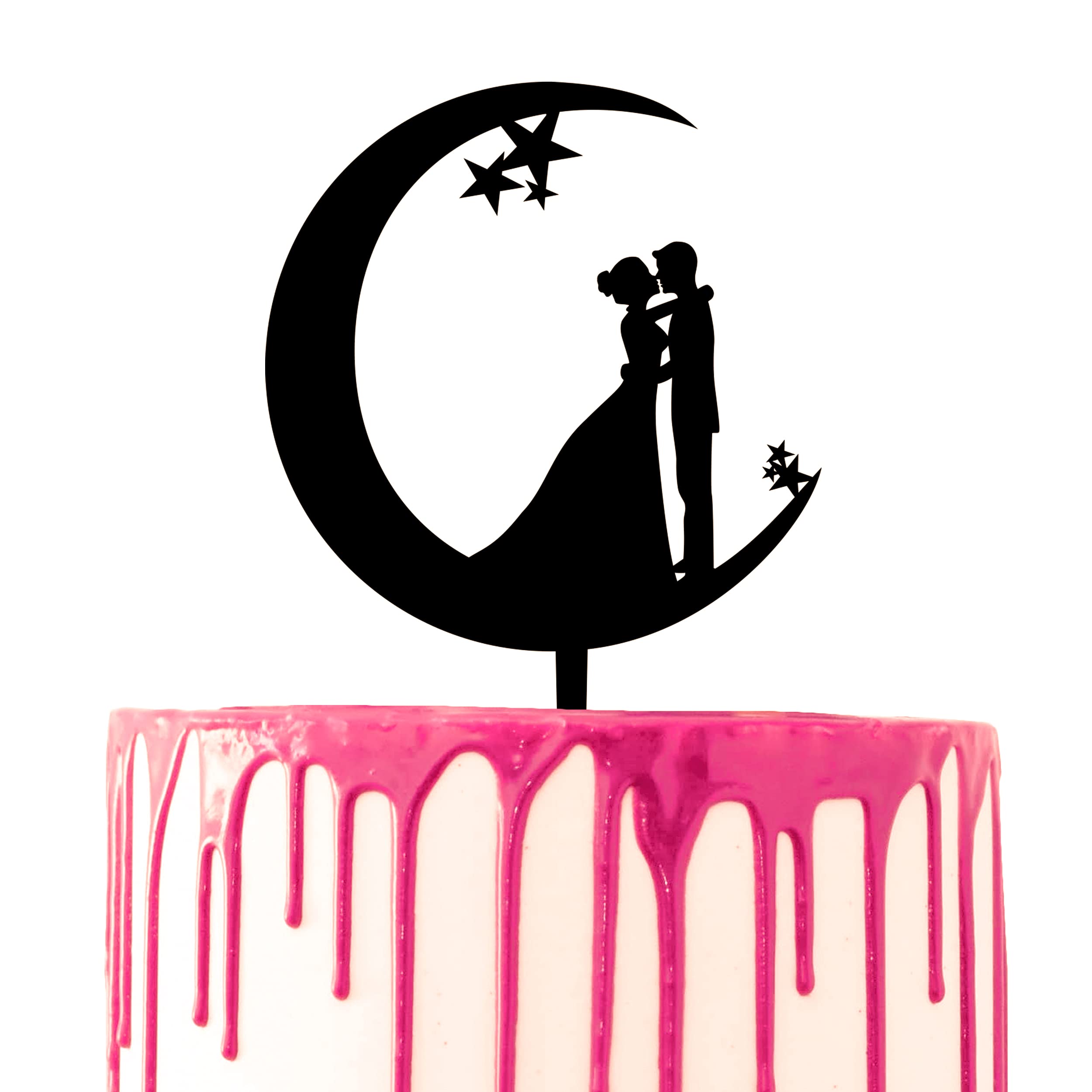 CARISPIBET Crescent Moon with Groom and Bride Hug Wedding Cake Topper Theme Party Cake Acrylic Silhouette Decoration