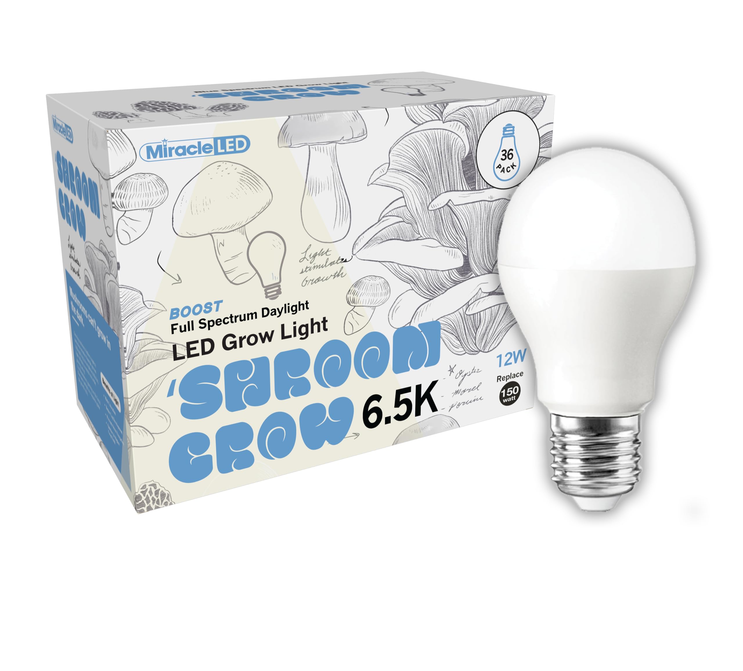 Photo 1 of Miracle LED Shroom Grow Indoor LED Grow Bulbs for Oyster, Shiitake, Lions Mane Mushrooms ect. with 6.5K Full Spectrum Replace 100W LED Grow Bulbs (36-Pack)