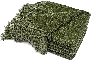 RECYCO Throw Blanket Soft Cozy Chenille Throw Blanket with Fringe Tassel for Couch Sofa Chair Bed Living Room Gift (Loden Green, 50'' x 60'')