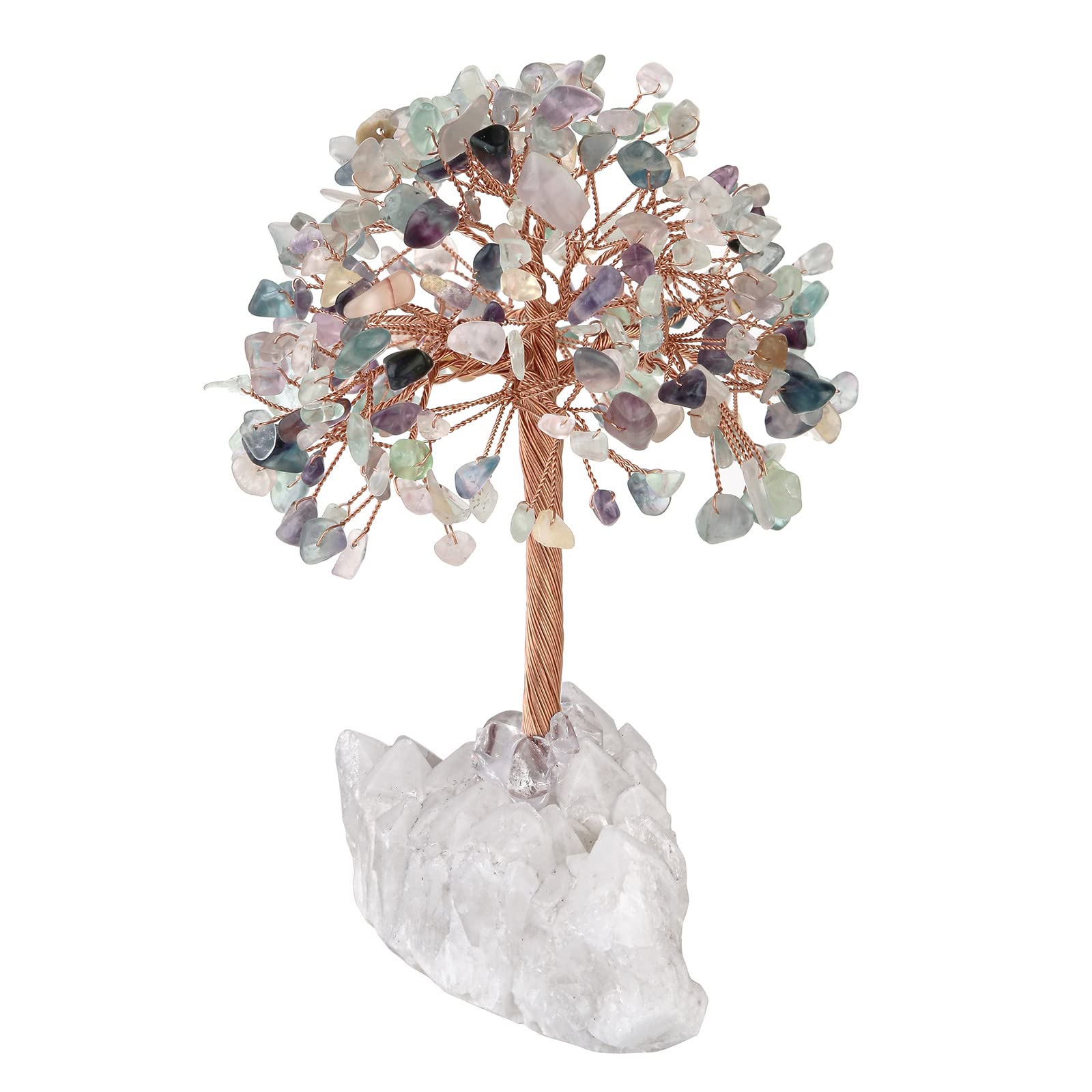 mookaitedecor Natural Fluorite Crystal Tree of Life Ornament for Home, Reiki Healing Crystal Money Tree Stone Bonsai Tree with Clear Quartz Base Feng Shui Ornament Gift for Wealth Good Luck