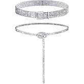 Geyoga 2 Pieces Women Rhinestone Belt for Dress Crystal Diamond Shiny Wide Waist Ladies Belt