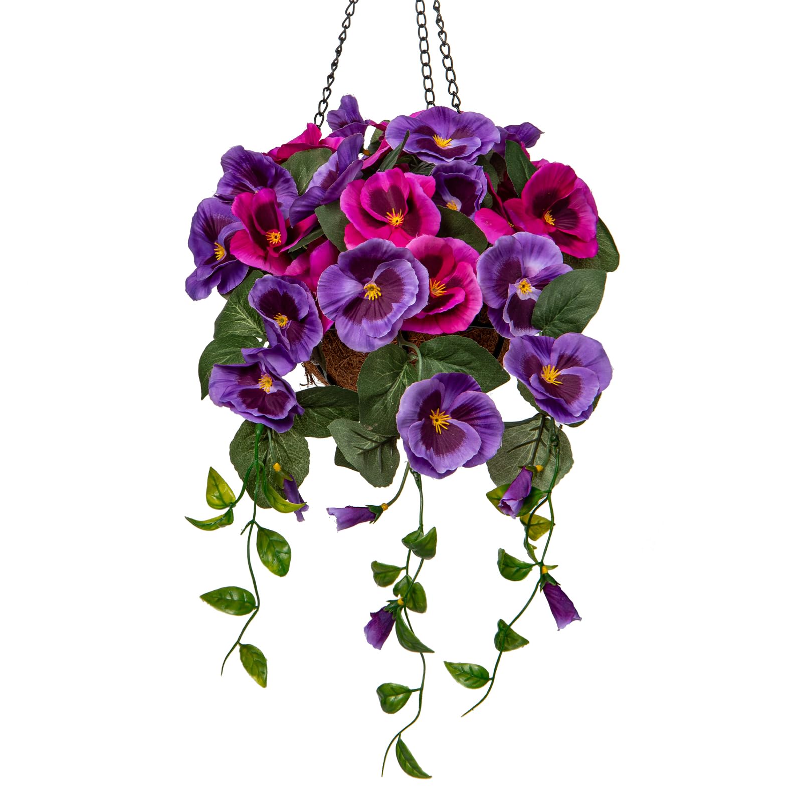 Hollyone 17.7" Hanging Basket Artificial Flowers Outdoor, Silk Pansies Purple Fake Flowers, Balcony Accessories Home Decorations for Garden, Front Door